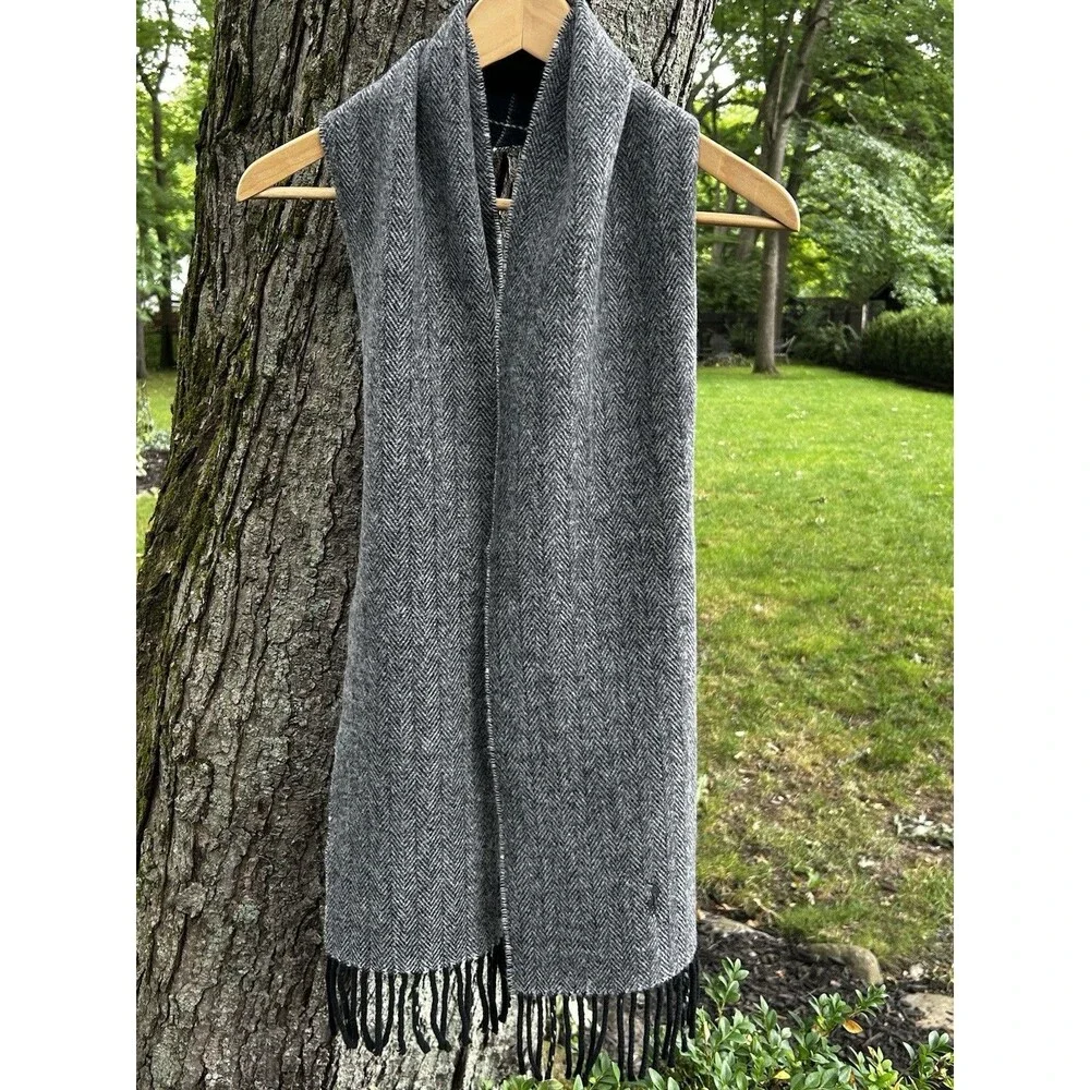 Polo Ralph Lauren Lambswool Scarf Grey Black Plaid Fringe Preppy Heritage Italy